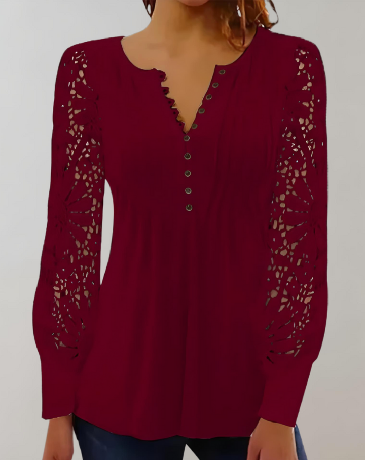 Akira - elegant long sleeve lace top with half button placket and round neckline