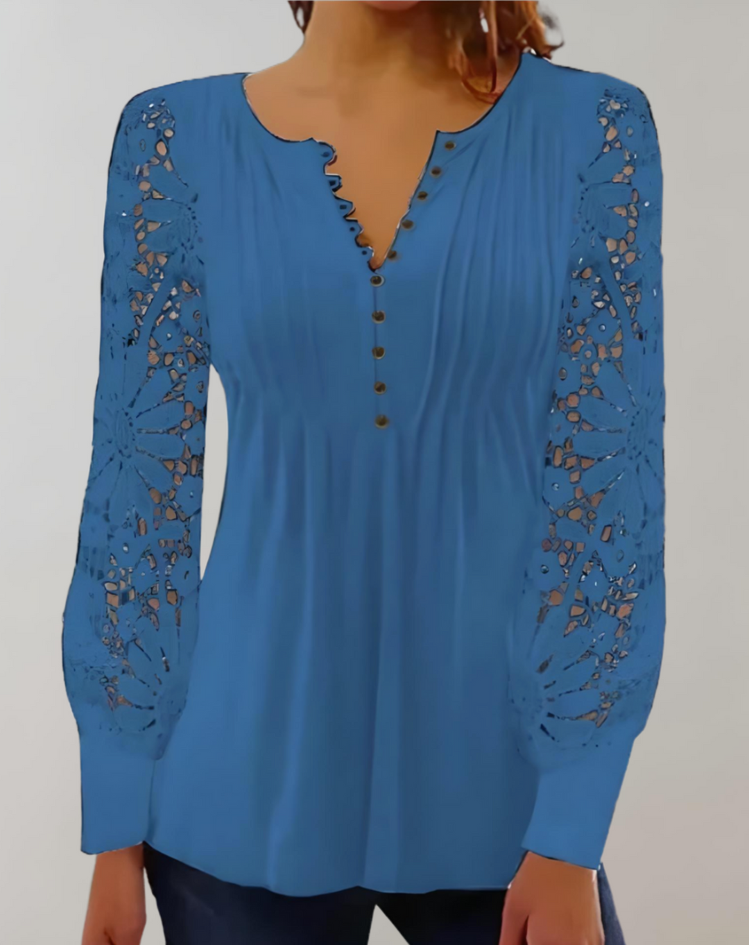 Akira - elegant long sleeve lace top with half button placket and round neckline